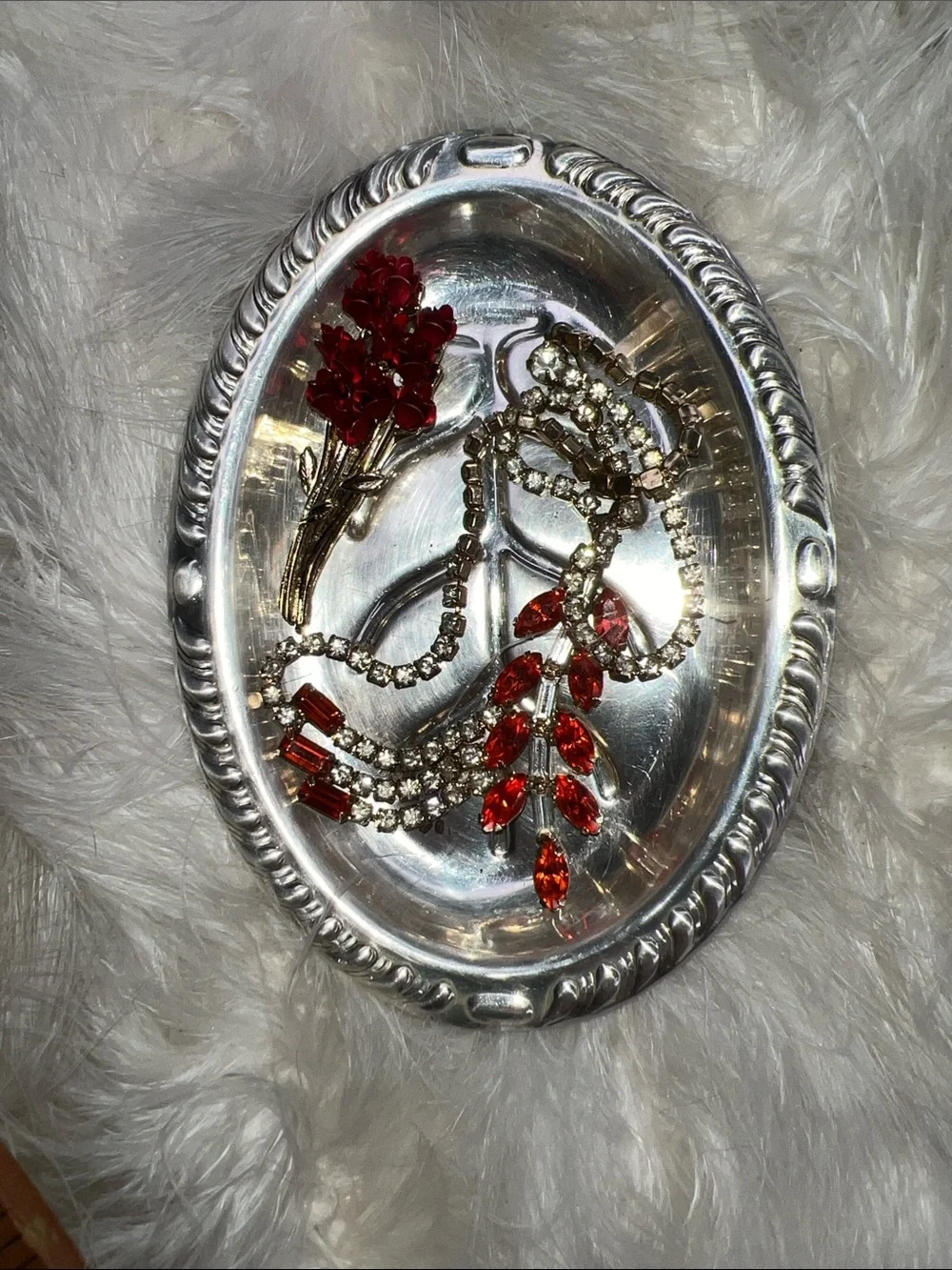 Vintage Antique Silver Plated Oval Decorative Tray with Leaf Motif Jewelry Tray